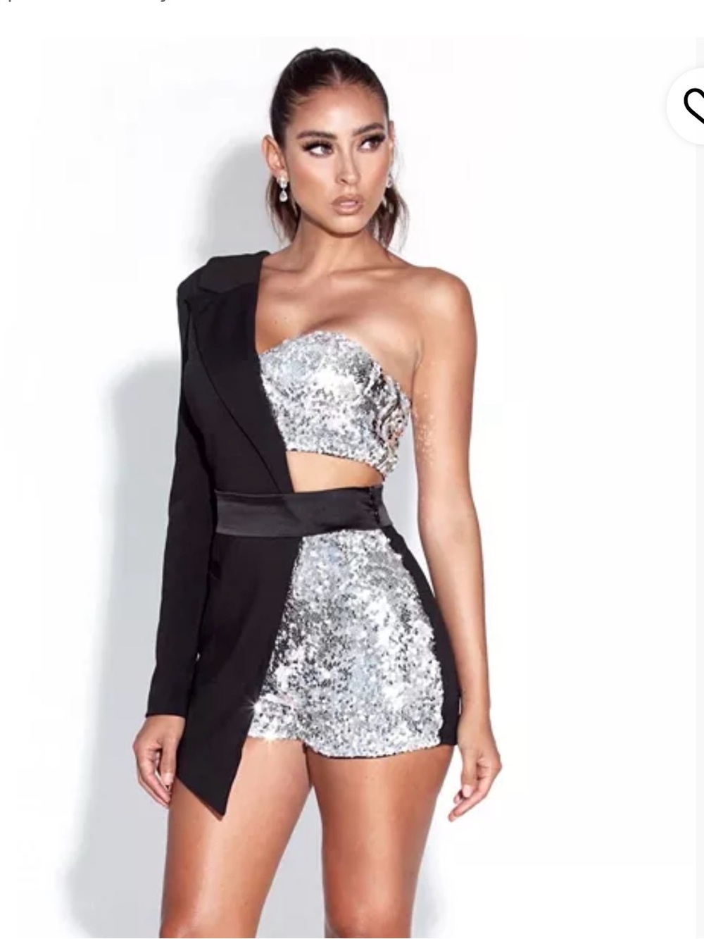 Miss Circle New Asymmetric One-Shoulder Sequin Romper in Silver and Black